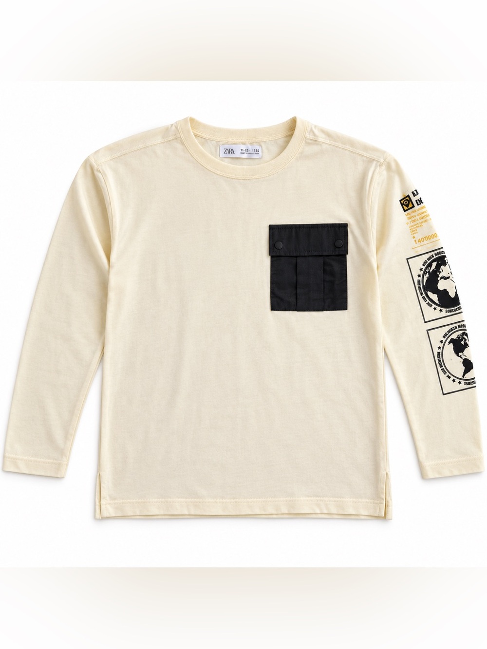 Zara Kids Cream Long-Sleeve Tee with Black Utility Pocket
